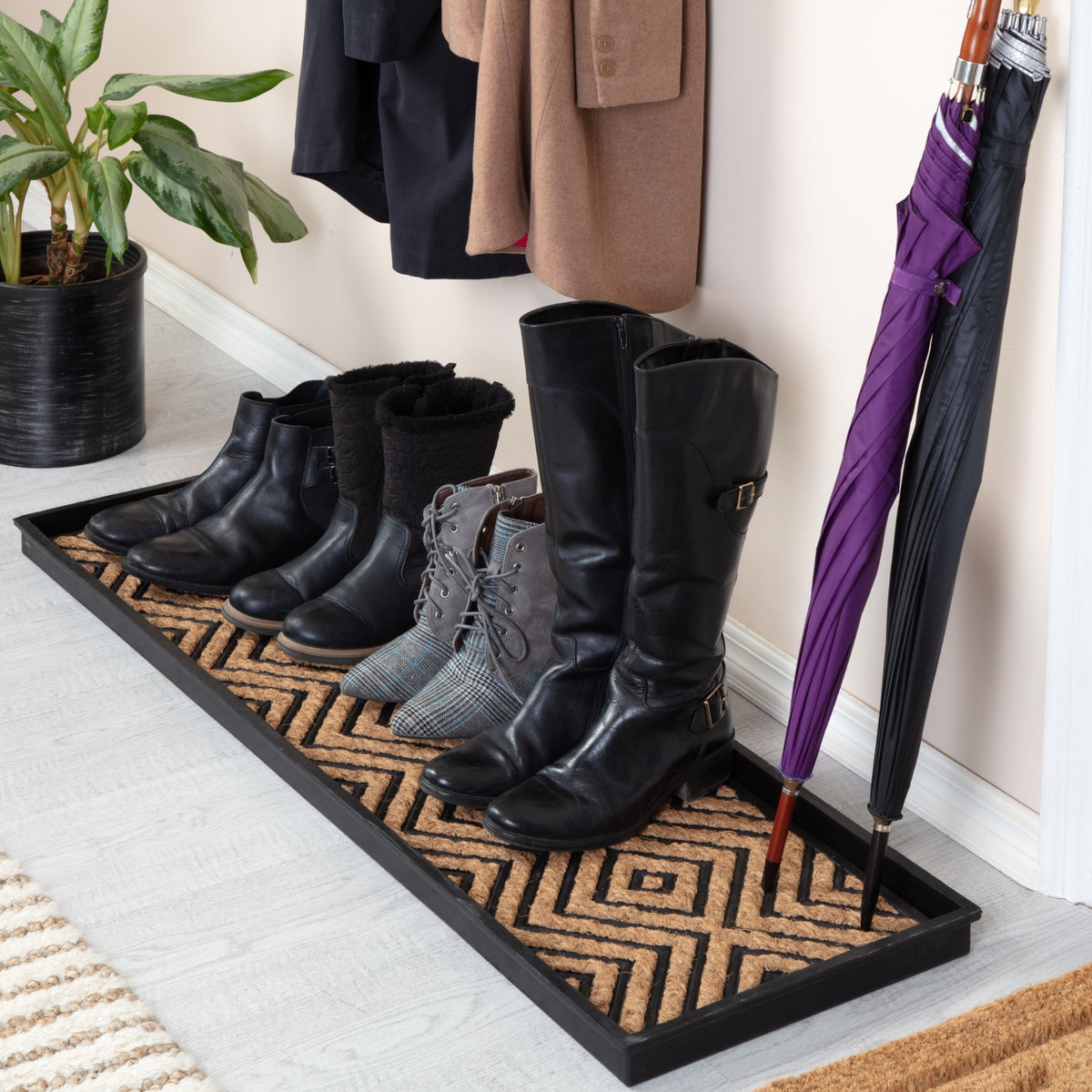 Rubber Boot & Shoe Tray | Coir Insert | 34 x 14 | Waterproof Shoe Tray  for entryway | Embossed Pattern