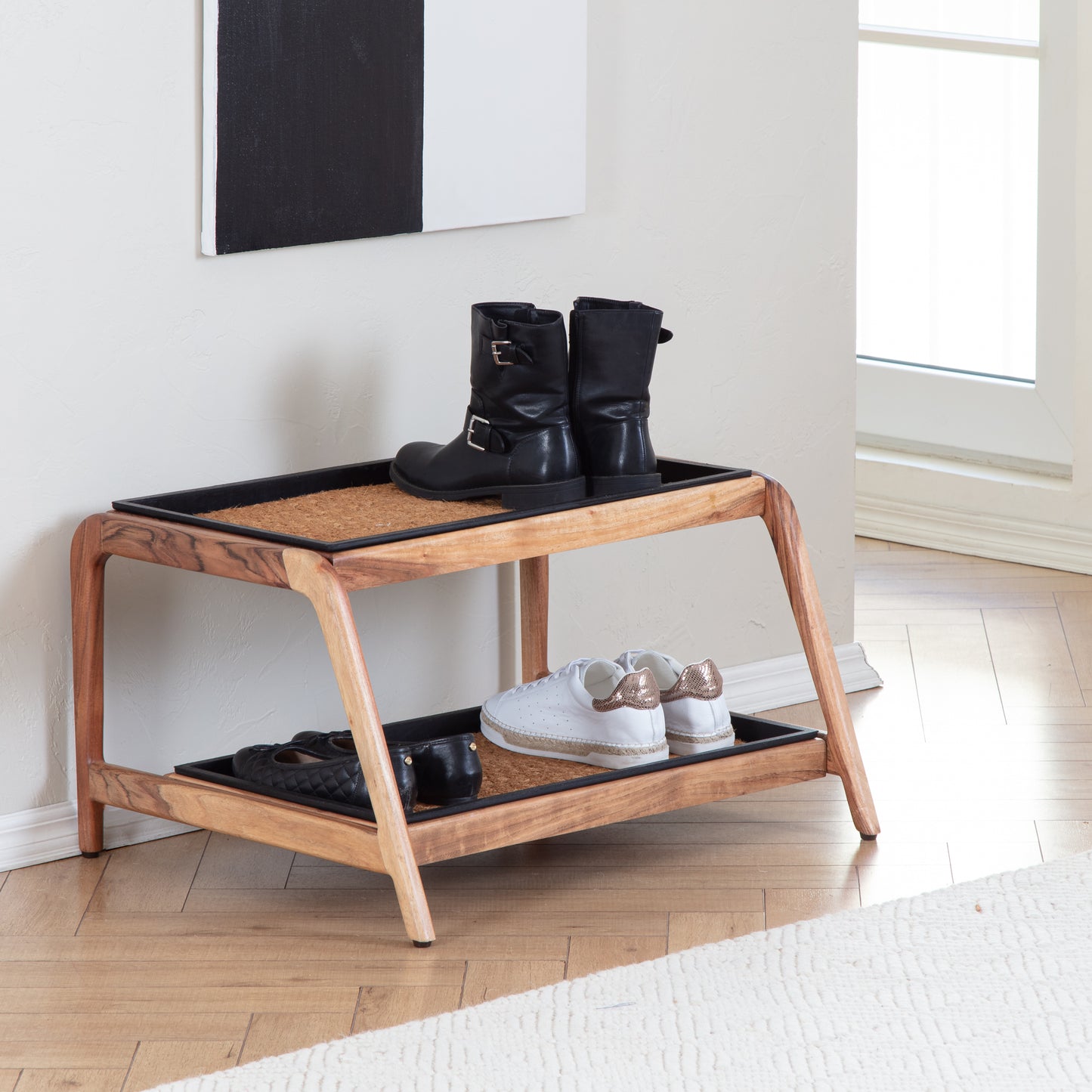 Double-Tier Natural Boot Tray Stand - Smoked Oak