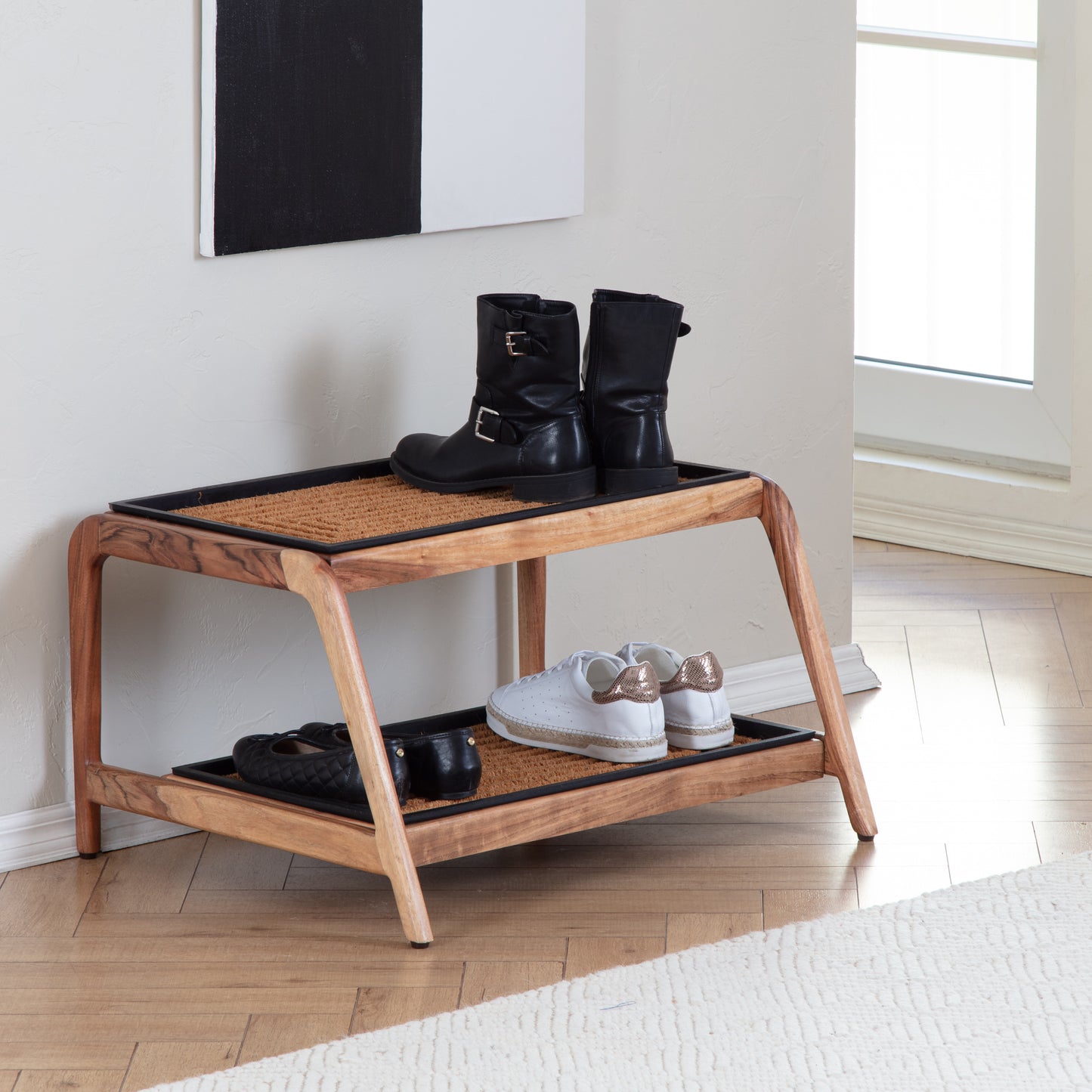 Double-tier Natural Boot Tray Stand - Rectangle Ripple