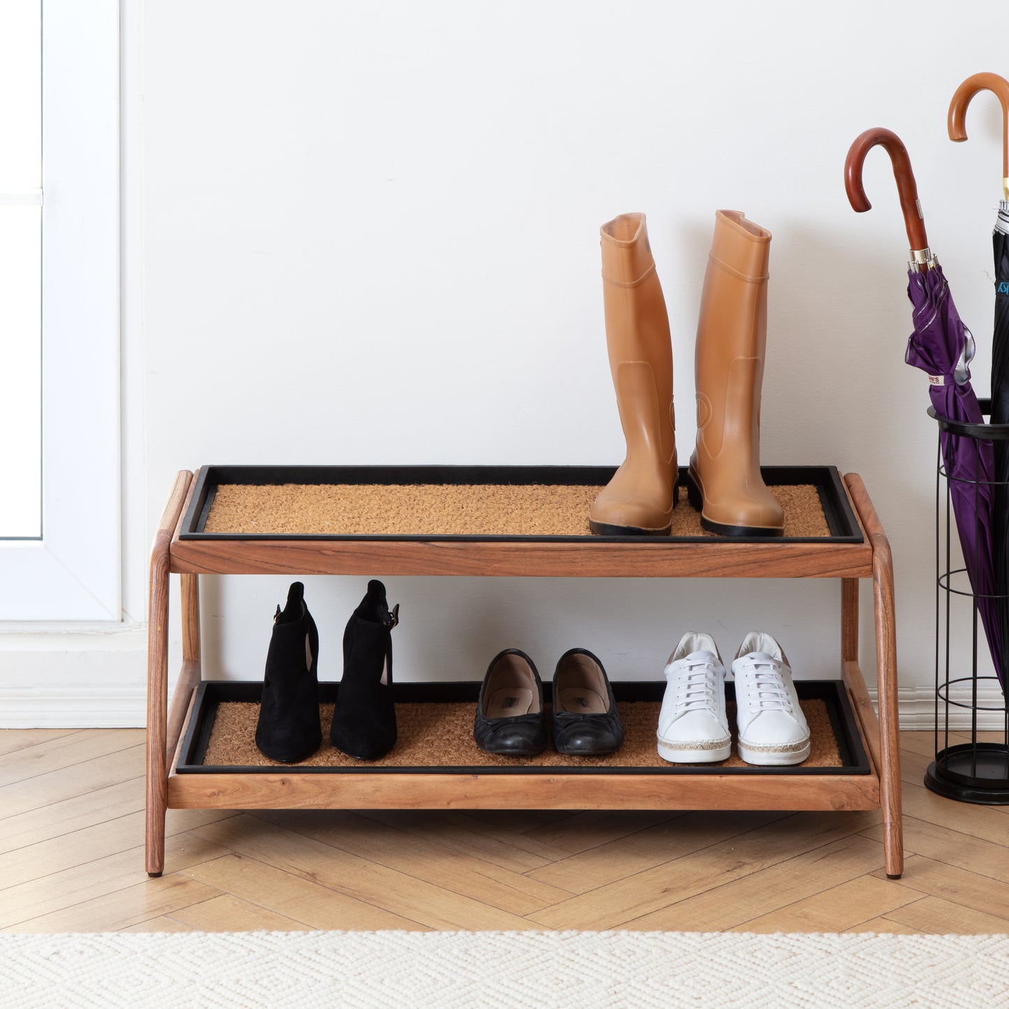 Double-Tier Natural Boot Tray Stand - Smoked Oak