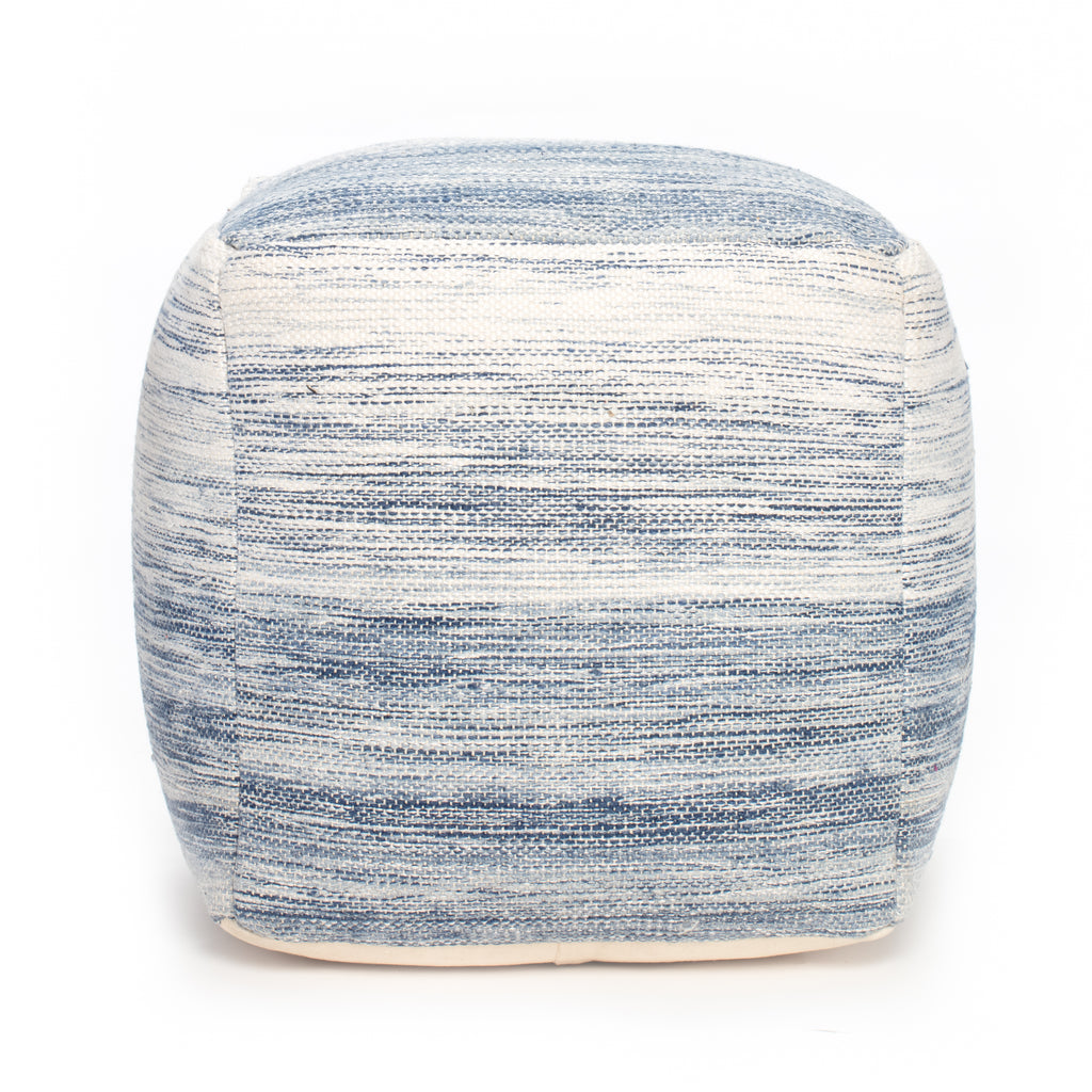 Bar Harbor Polyester & Cotton Sqaure Pouf in Blue & Ivory